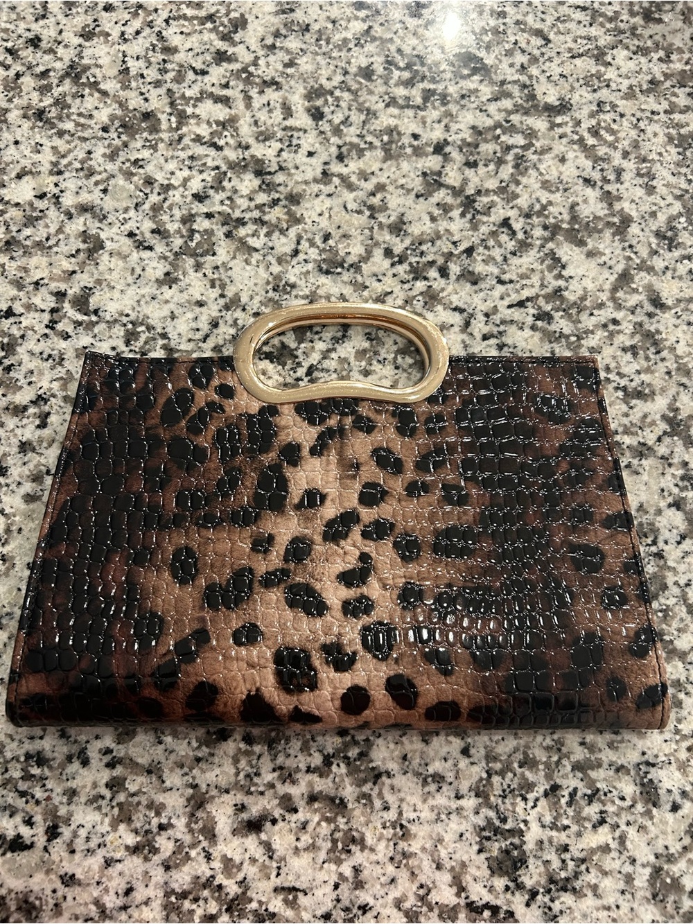 Brown Black Faux Croc Structured Clutch Gold Tone Handle